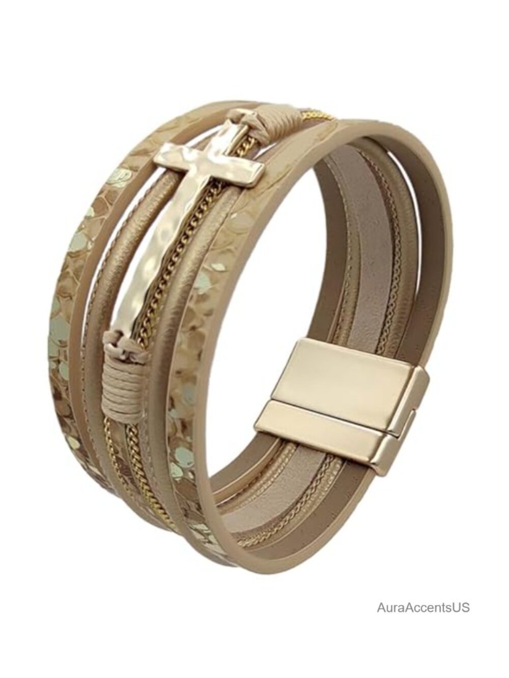Genuine Leather Wrap Bracelet Stainless Steel Cross Charm Multi-Layer Cuff